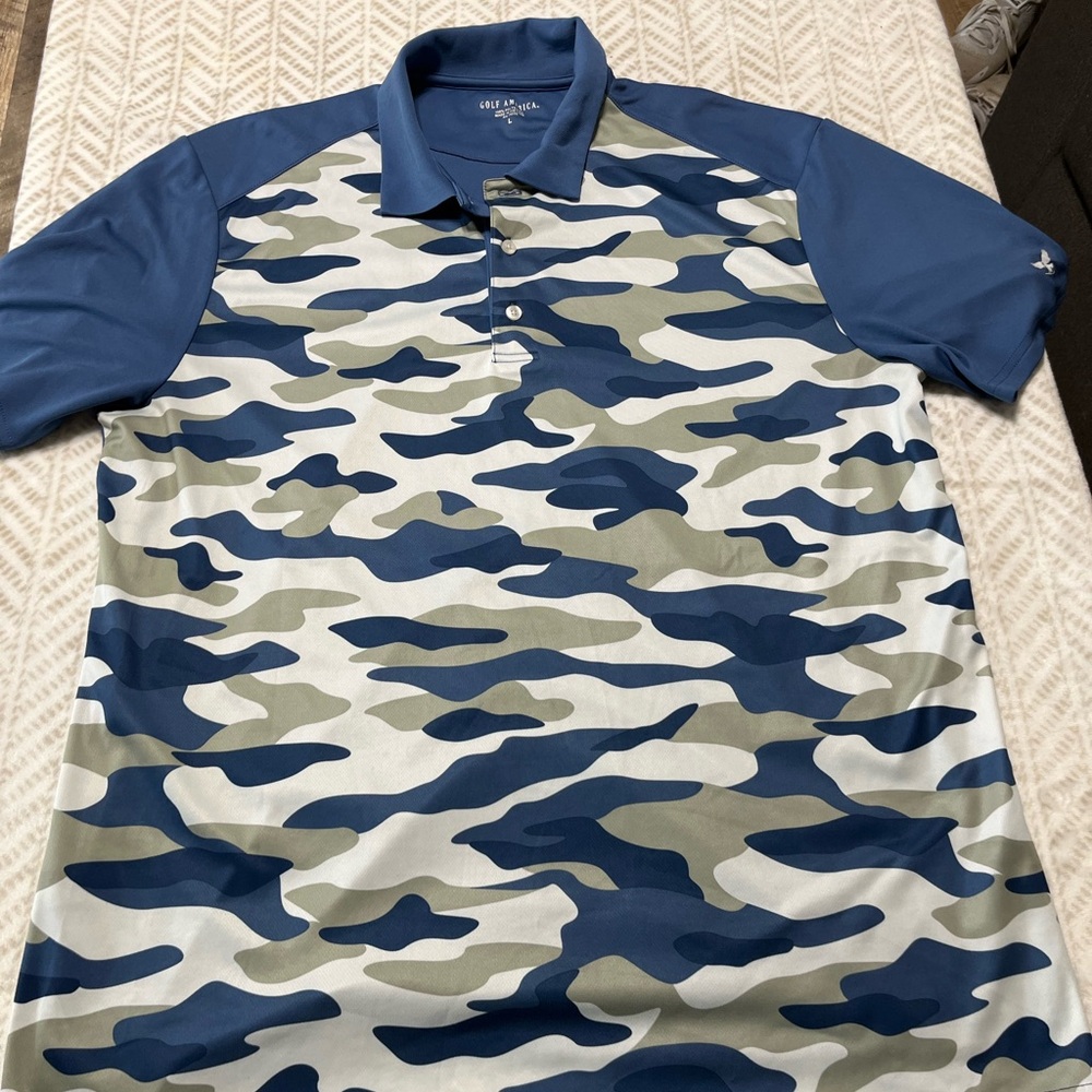 GOLF AMERICA.... Men's Polo.....  Navy Blue, Gray, White..... Camo Front   L